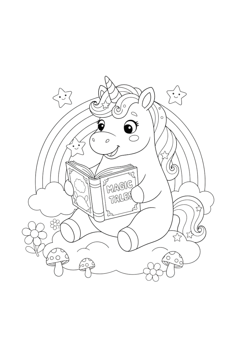 Unicorn reading book coloring page