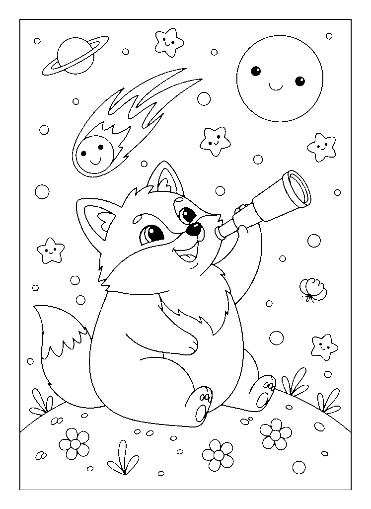 Stargazing Cute Fox coloring page