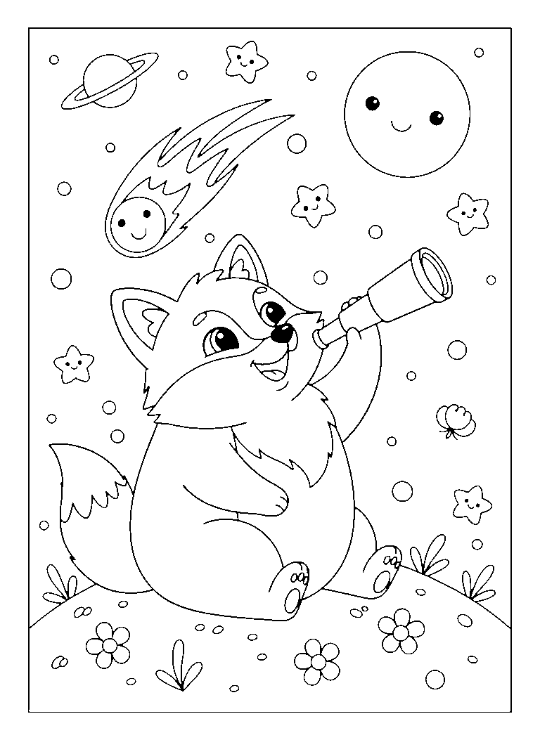 Stargazing Cute Fox coloring page